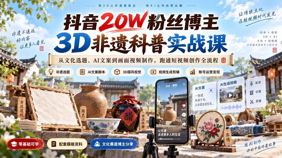 抖音20W粉丝博主3D非遗科普实战课：从文化选题、AI文案到画面视频制作，跑通短视频创作全流程客创社区-专注互联网轻资产资源整合与分享客创社区-专注互联网轻资产资源整合与分享