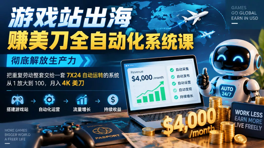 游戏站出海賺美刀全自动化系统课，彻底解放生产力–把重复劳动整套交给一套7X24自动运转的系统，从1放大到100，月入4K美刀 《鱼见海科技》-鱼见海资源网-免费PHP网站源码模板,插件软件网创AI智能体资源分享平台！