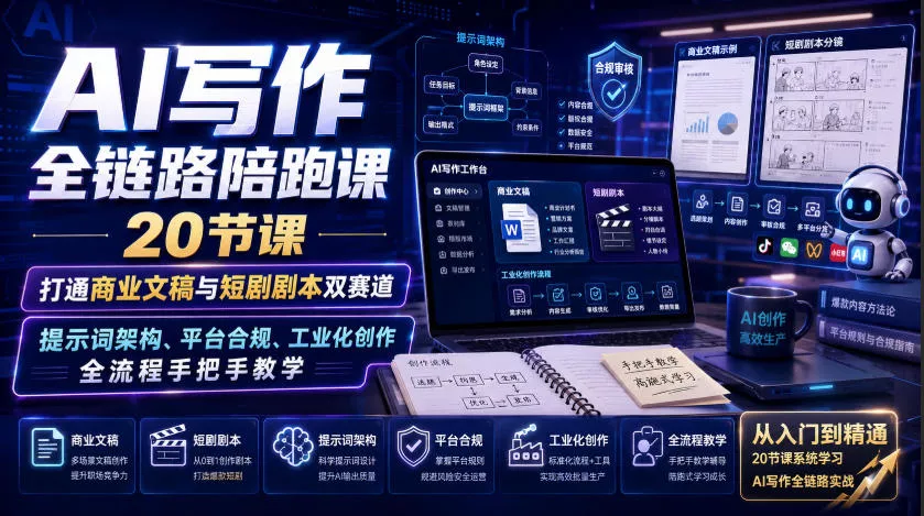 AI写作全链路陪跑课｜20节课打通商业文稿与短剧剧本双赛道，提示词架构、平台合规、工业化创作全流程手把手教学 《鱼见海科技》-鱼见海资源网-免费PHP网站源码模板,插件软件网创AI智能体资源分享平台！