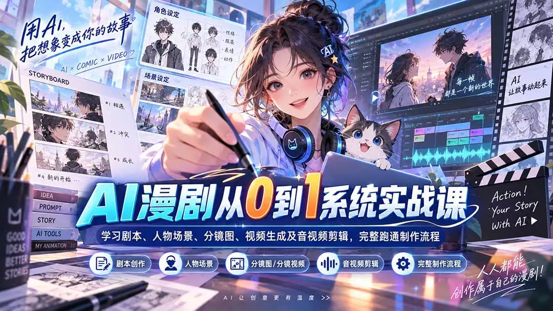 AI漫剧从0到1系统实战课：学习剧本、人物场景、分镜图、视频生成及音视频剪辑，完整跑通制作流程客创社区-专注互联网轻资产资源整合与分享客创社区-专注互联网轻资产资源整合与分享