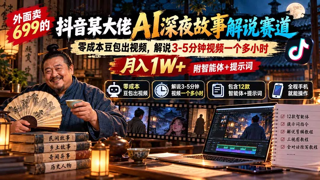 外面卖699的抖音某大佬AI深夜故事解说赛道：零成本豆包出视频，解说3-5分钟视频一个多小时，月入1W+附智能体+提示词 《鱼见海科技》-鱼见海资源网-免费PHP网站源码模板,插件软件网创AI智能体资源分享平台！