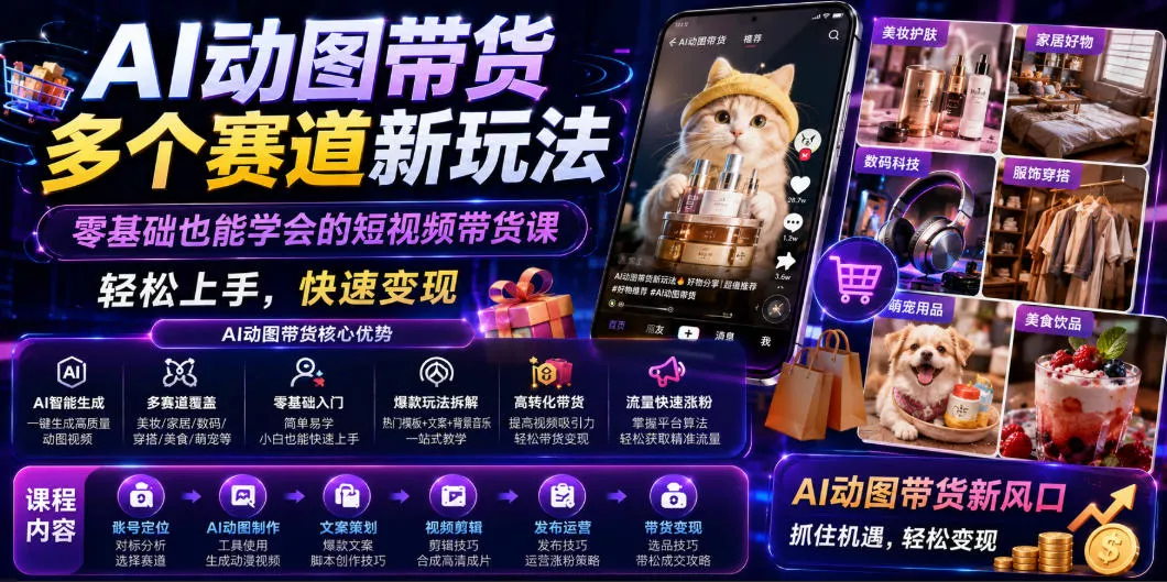 AI动图带货多个赛道新玩法，零基础也能学会的短视频带货课，轻松上手，快速变现客创社区-专注互联网轻资产资源整合与分享客创社区-专注互联网轻资产资源整合与分享