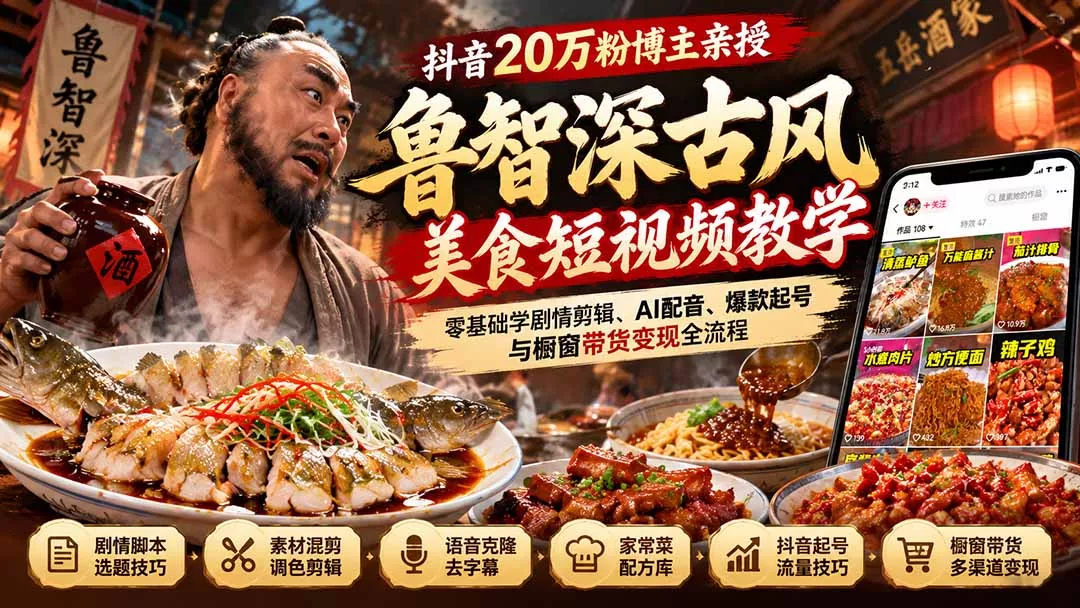 抖音20万粉博主亲授鲁智深古风美食玩法：零基础学剧情剪辑、AI配音、爆款起号与橱窗带货变现全流程-鱼见海资源网-免费PHP网站源码模板,插件软件网创AI智能体资源分享平台！
