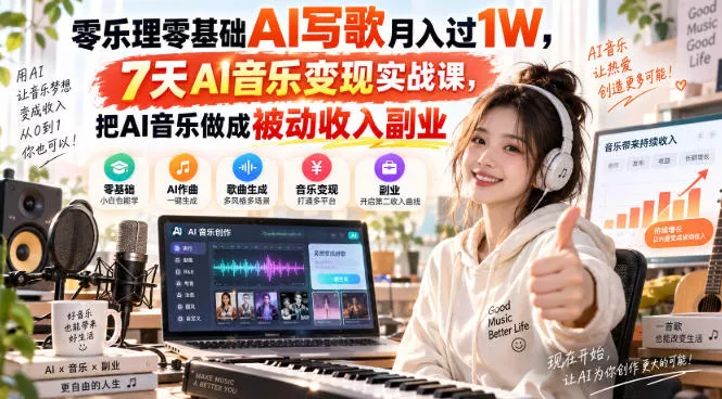 零乐理零基础AI写歌月入过1W，7天AI音乐变现实战课，把AI音乐做成被动收入副业 《鱼见海科技》-鱼见海资源网-免费PHP网站源码模板,插件软件网创AI智能体资源分享平台！