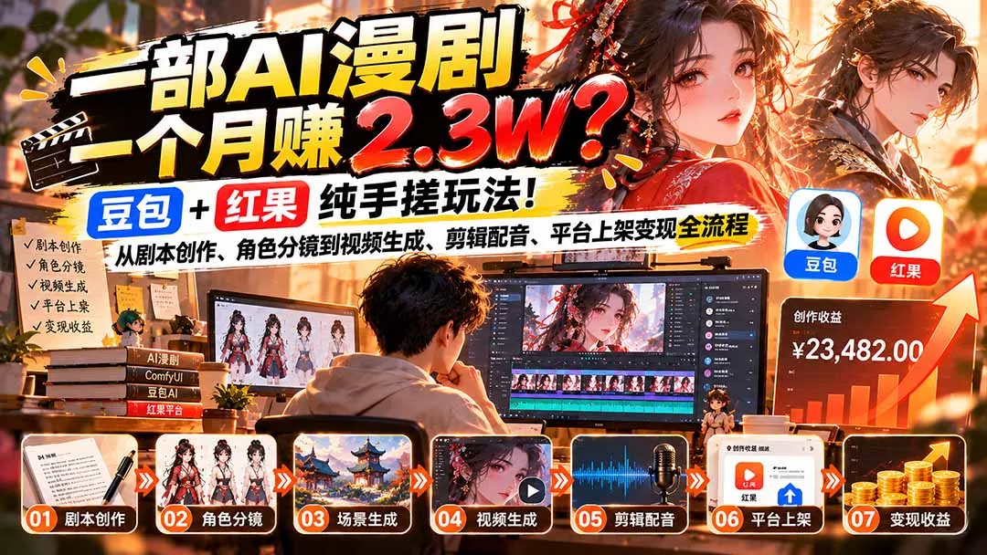 一部AI漫剧一个月赚2.3W？豆包+红果纯手搓玩法！从剧本创作、角色分镜到视频生成、剪辑配音、平台上架变现全流程客创社区-专注互联网轻资产资源整合与分享客创社区-专注互联网轻资产资源整合与分享