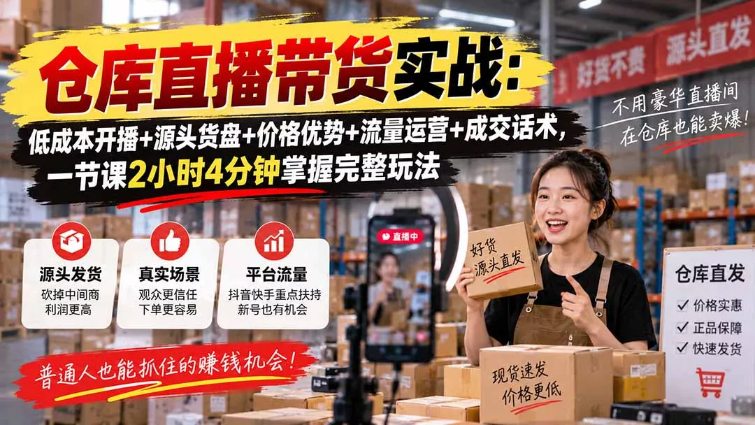 仓库直播带货实战：低成本开播+源头货盘+价格优势+流量运营+成交话术，一节课2小时4分钟掌握完整玩法-鱼见海资源网-免费PHP网站源码模板,插件软件网创AI智能体资源分享平台！