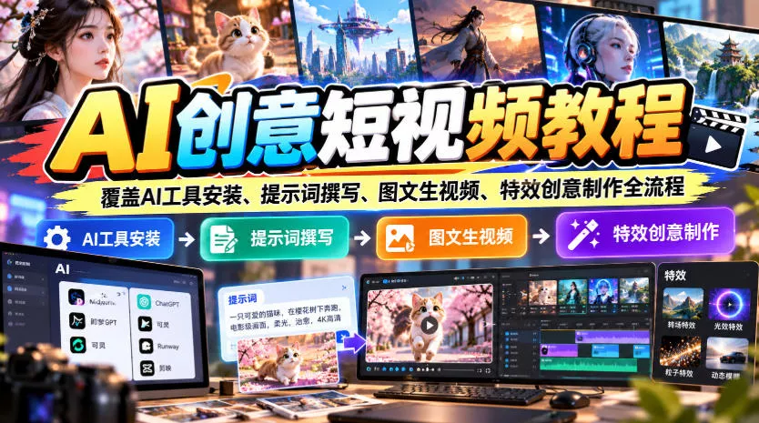 AI创意短视频教程，覆盖AI工具安装、提示词撰写、图文生视频、特效创意制作全流程 《鱼见海科技》-鱼见海资源网-免费PHP网站源码模板,插件软件网创AI智能体资源分享平台！