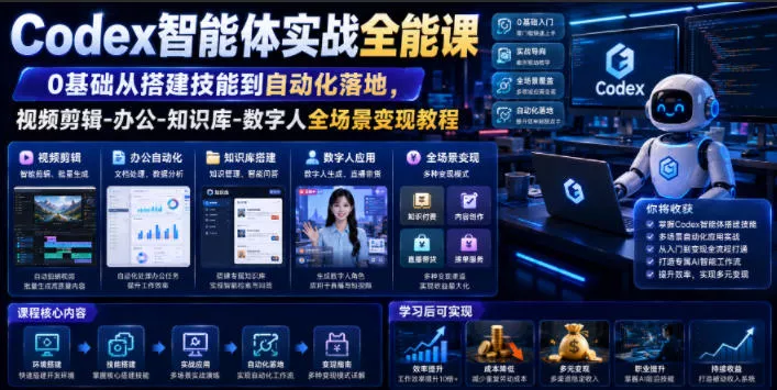 Codex智能体实战全能课｜0基础从搭建技能到自动化落地，视频剪辑-办公-知识库-数字人全场景变现教程 《鱼见海科技》-鱼见海资源网-免费PHP网站源码模板,插件软件网创AI智能体资源分享平台！