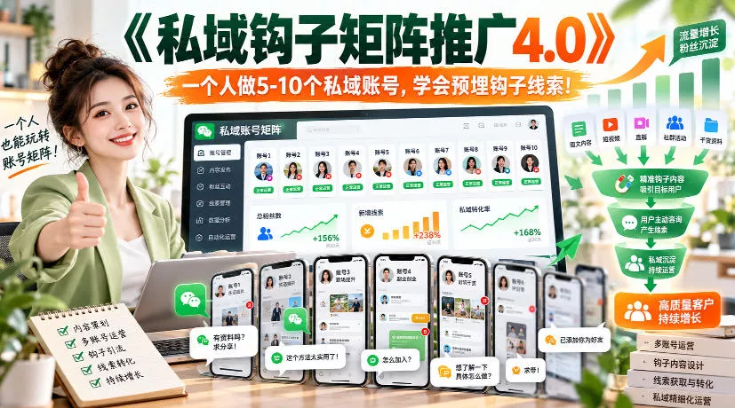 【无水印】《私域钩子矩阵推广4.0》一个人做5-10个私域账号，学会预埋钩子线索！-鱼见海资源网-免费PHP网站源码模板,插件软件网创AI智能体资源分享平台！