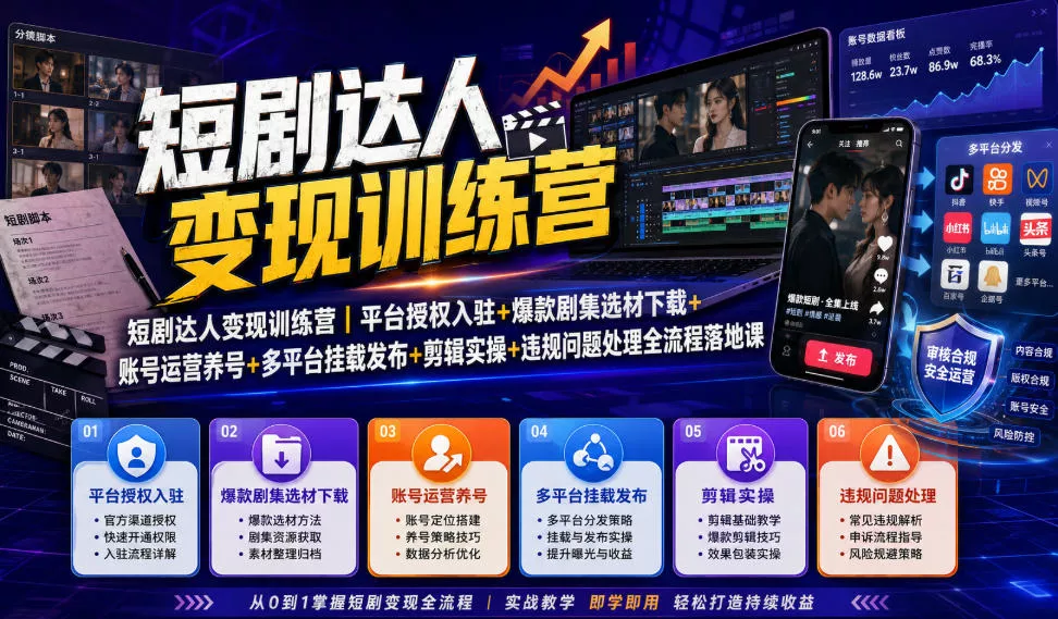 短剧达人变现训练营｜平台授权入驻+爆款剧集选材下载+账号运营养号+多平台挂载发布+剪辑实操+违规问题处理全流程落地课 《鱼见海科技》-鱼见海资源网-免费PHP网站源码模板,插件软件网创AI智能体资源分享平台！