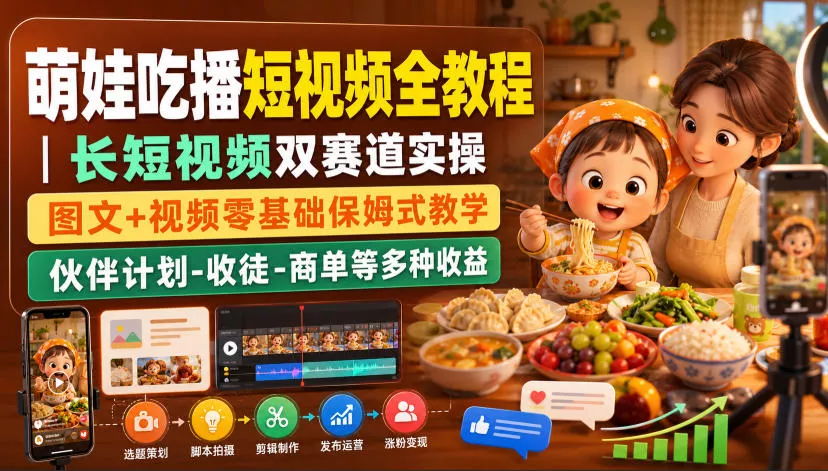 萌娃吃播短视频全教程｜长短视频双赛道实操，图文+视频零基础保姆式教学，伙伴计划-收徒-商单等多种变现方式 《鱼见海科技》-鱼见海资源网-免费PHP网站源码模板,插件软件网创AI智能体资源分享平台！