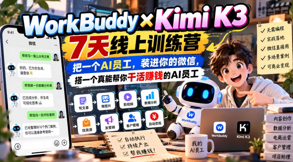 WorkBuddy×Kimi K3 7天线上训练营，把一个AI员工，装进你的微信，搭一个真能帮你干活賺钱的AI员工客创社区-专注互联网轻资产资源整合与分享客创社区-专注互联网轻资产资源整合与分享