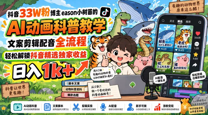 抖音33W粉博主eason小树苗的AI动画科普教学，文案剪辑配音全流程，轻松解锁抖音精选独家收益，日入1k+ 《鱼见海科技》-鱼见海资源网-免费PHP网站源码模板,插件软件网创AI智能体资源分享平台！