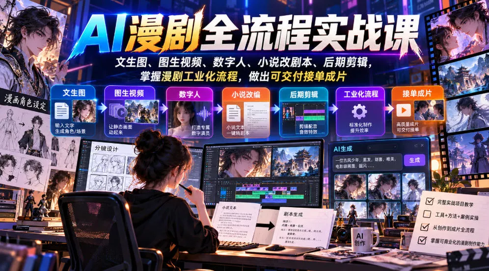 AI漫剧全流程实战课，文生图、图生视频、数字人、小说改剧本、后期剪辑，掌握漫剧工业化流程，做出可交付接单成片客创社区-专注互联网轻资产资源整合与分享客创社区-专注互联网轻资产资源整合与分享