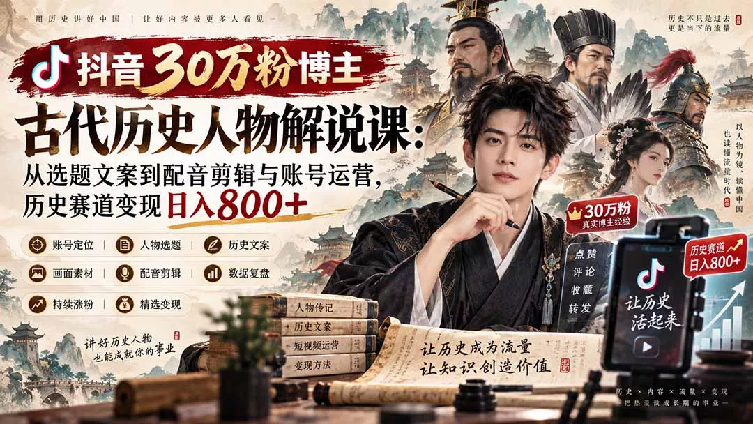 抖音30万粉博主古代历史人物解说课：从选题文案到配音剪辑与账号运营，历史赛道变现日入800+ 《鱼见海科技》-鱼见海资源网-免费PHP网站源码模板,插件软件网创AI智能体资源分享平台！
