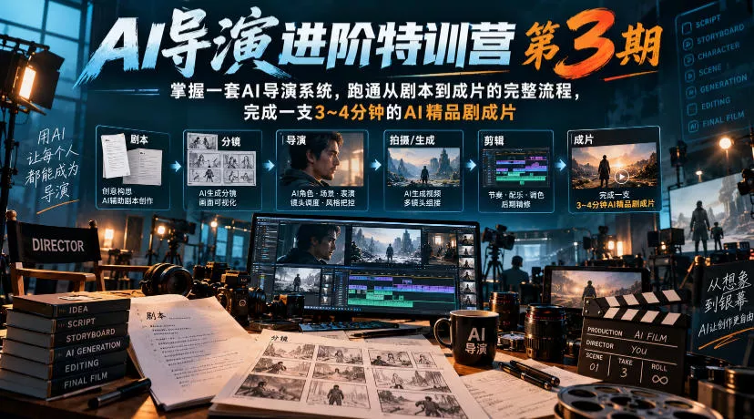 AI导演进阶特训营第3期，掌握一套AI导演系统，跑通从剧本到成片的完整流程，完成一支3~4分钟的AI精品剧成片(附1、2期)客创社区-专注互联网轻资产资源整合与分享客创社区-专注互联网轻资产资源整合与分享