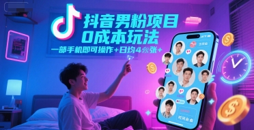 抖音男粉项目0成本玩法，一部手机即可操作，日均4张+，时间自由-客创社 - 专注互联网轻资产创业及网络项目资源整合与分享客创社-免费且强大的项目分享网站！