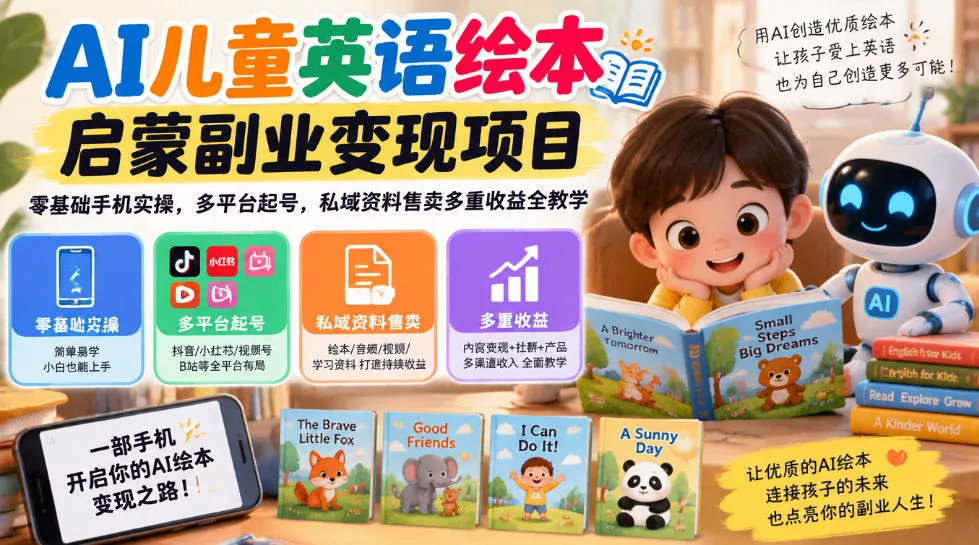 AI儿童英语绘本启蒙副业变现项目，零基础手机实操，多平台起号，私域资料售卖多重收益全教学 《鱼见海科技》-鱼见海资源网-免费PHP网站源码模板,插件软件网创AI智能体资源分享平台！