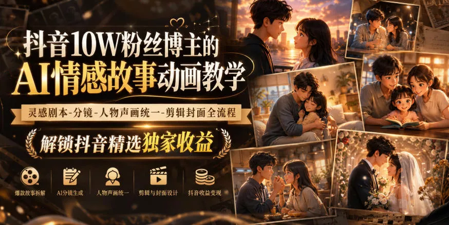 抖音10W粉丝博主的AI情感故事动画教学，灵感剧本‑分镜‑人物声画统一‑剪辑封面全流程，解锁抖音精选独家收益客创社区-专注互联网轻资产资源整合与分享客创社区-专注互联网轻资产资源整合与分享