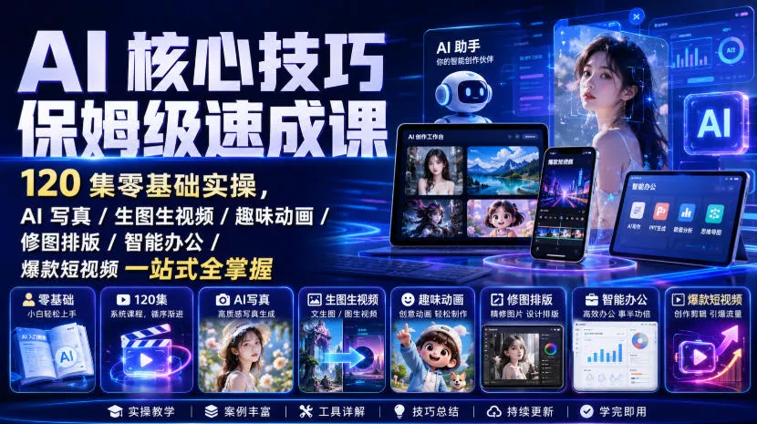 AI核心技巧保姆级速成课｜120集零基础实操，AI写真/生图生视频/趣味动画/修图排版/智能办公/爆款短视频一站式全掌握 《鱼见海科技》-鱼见海资源网-免费PHP网站源码模板,插件软件网创AI智能体资源分享平台！