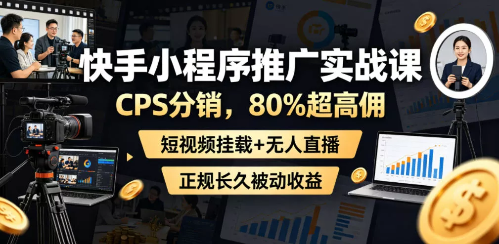 快手小程序推广实战课，CPS分销，80%超高佣，短视频挂载+无人直播，正规长久被动收益客创社区-专注互联网轻资产资源整合与分享客创社区-专注互联网轻资产资源整合与分享