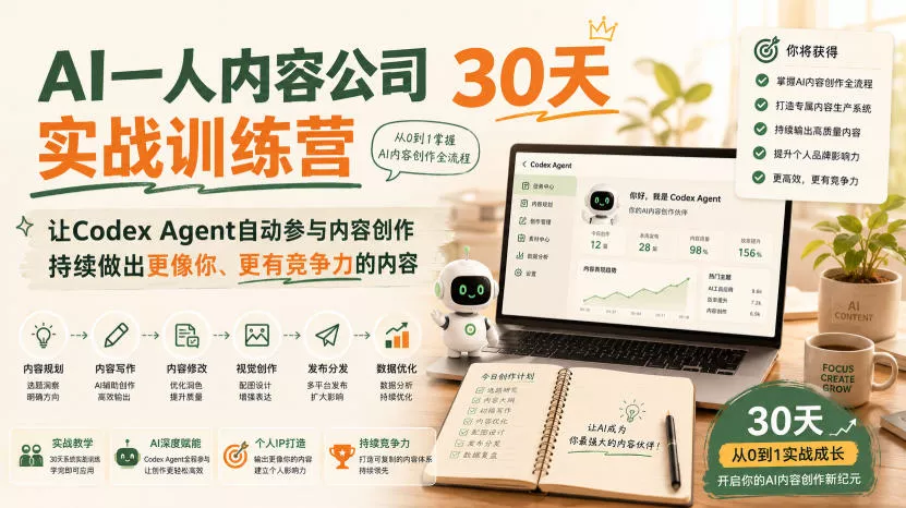 AI一人内容公司30天实战训练营，让Codex Agent自动参与内容创作持续做出更像你、更有竞争力的内容 《鱼见海科技》-鱼见海资源网-免费PHP网站源码模板,插件软件网创AI智能体资源分享平台！