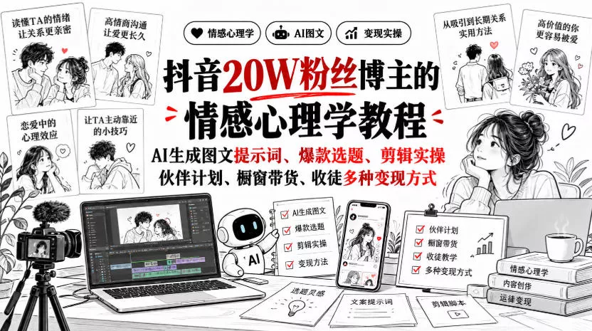 抖音20W粉丝博主静候心声的情感心理学教程，AI生成图文提示词、爆款选题、剪辑实操，伙伴计划、橱窗带货、收徒多种变现方式-第一人副业终点站