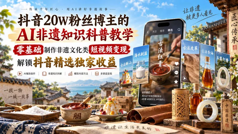 抖音20W粉丝博主的AI非遗知识科普教学，零基础制作非遗文化类短视频变现，解锁抖音精选独家收益客创社区-专注互联网轻资产资源整合与分享客创社区-专注互联网轻资产资源整合与分享
