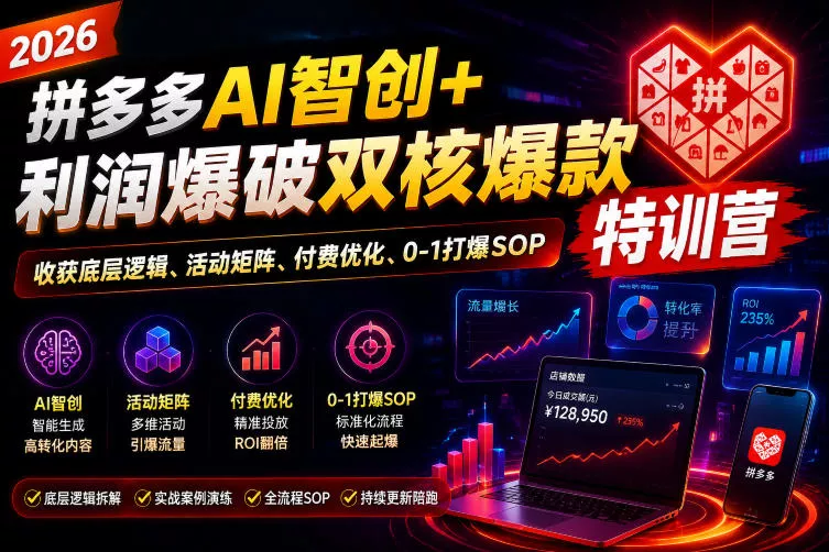 2026拼多多AI智创+利润爆破双核爆款特训营,收获底层逻辑、活动矩阵、付费优化、0-1打爆SOP(更新0727)主用 -、辅助 +中赚AI网