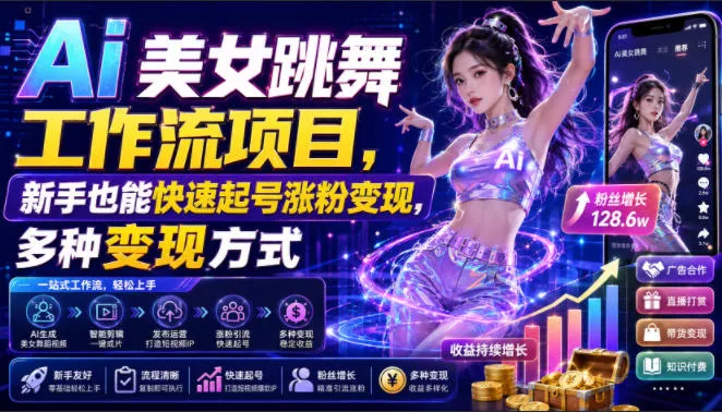 Ai美女跳舞工作流项目，新手也能快速起号涨粉变现，多种变现方式 《鱼见海科技》-鱼见海资源网-免费PHP网站源码模板,插件软件网创AI智能体资源分享平台！