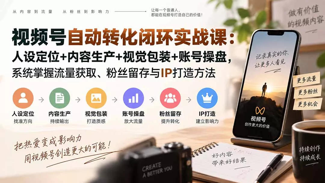 视频号自动转化闭环实战课：人设定位+内容生产+视觉包装+账号操盘，系统掌握流量获取、粉丝留存与IP打造方法客创社区-专注互联网轻资产资源整合与分享客创社区-专注互联网轻资产资源整合与分享
