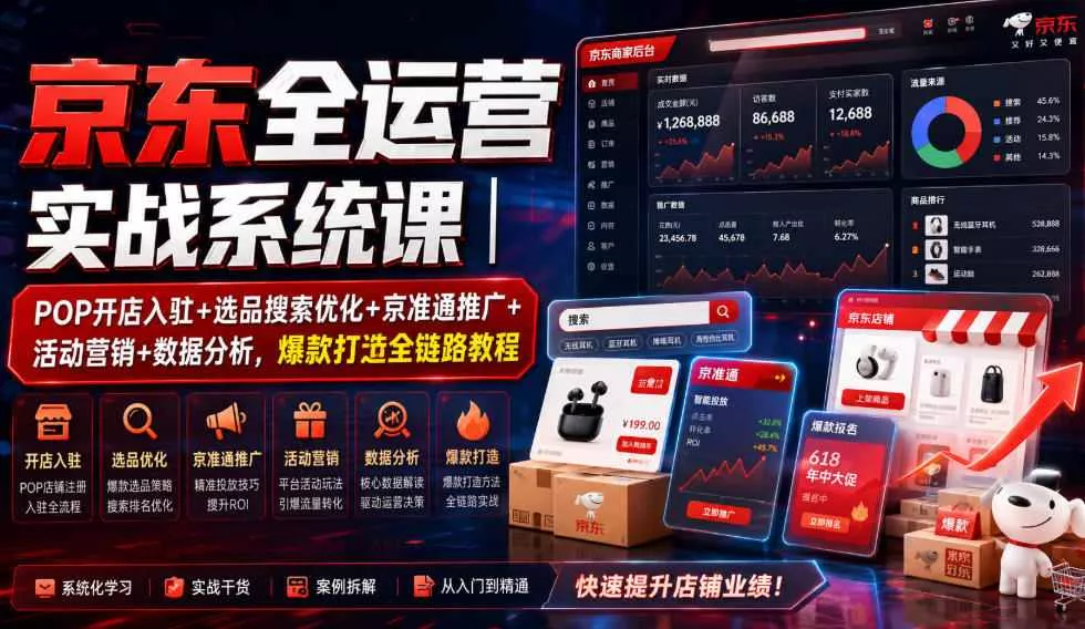 京东全运营实战系统课｜POP开店入驻+选品搜索优化+京准通推广+活动营销+数据分析，爆款打造全链路教程 《鱼见海科技》-鱼见海资源网-免费PHP网站源码模板,插件软件网创AI智能体资源分享平台！