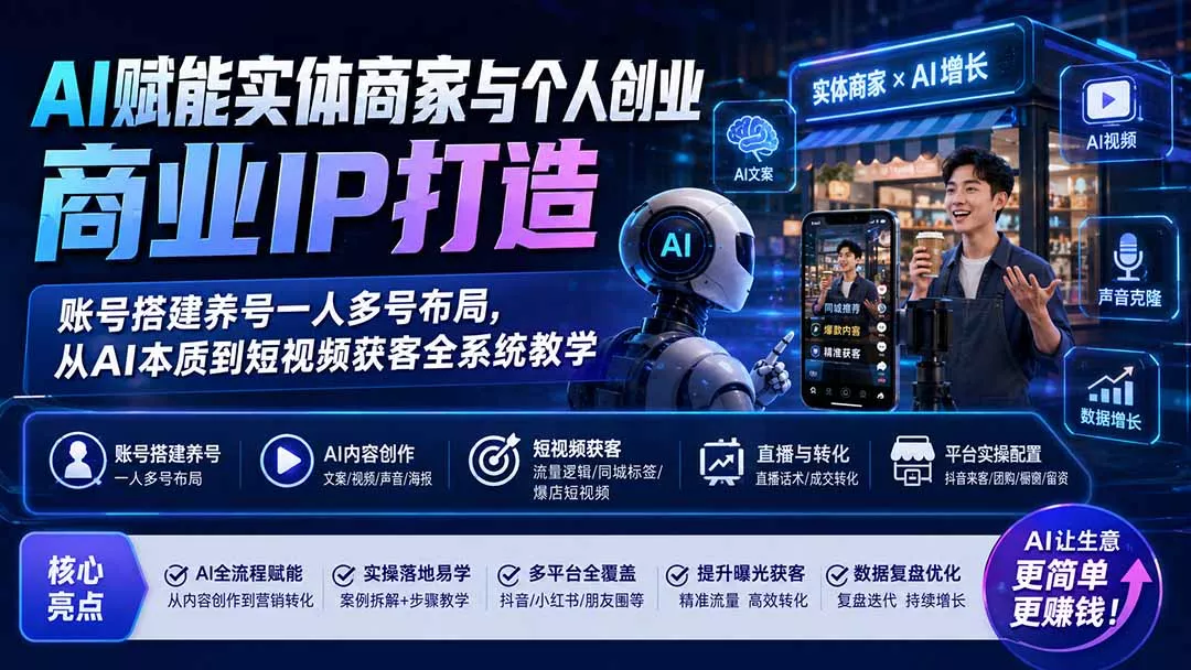 AI赋能实体商家与个人创业商业IP打造；账号搭建养号一人多号布局