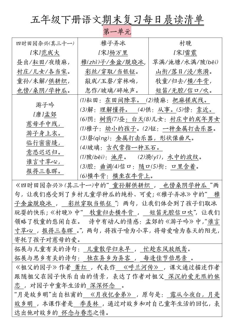 五下语文期末复习每日晨读清单-客创社 - 专注互联网轻资产创业及网络项目资源整合与分享客创社-免费且强大的项目分享网站！
