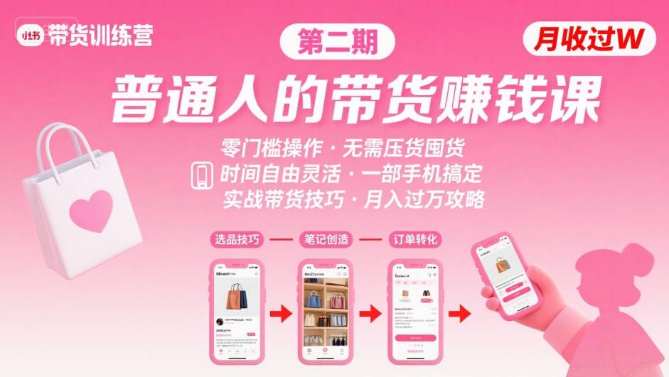 小红书带货第二期训练营，普通人月收过W的带货课，时间自由，零门槛无压货，一部手机即可操作-客创社 - 专注互联网轻资产创业及网络项目资源整合与分享客创社-免费且强大的项目分享网站！