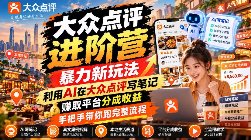 大众点评进阶营，暴力新玩法，利用AI在大众点评写笔记， 賺取平台分成收益，手把手带你跑完整流程 《鱼见海科技》-鱼见海资源网-免费PHP网站源码模板,插件软件网创AI智能体资源分享平台！