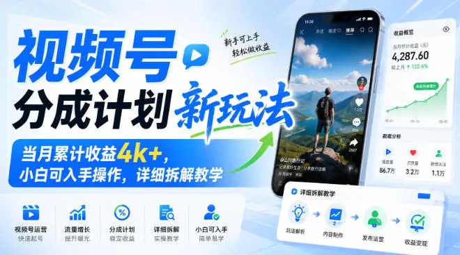 视频号分成计划新玩法，当月累计收益4k+，小白可入手操作，详细拆解教学客创社区-专注互联网轻资产资源整合与分享客创社区-专注互联网轻资产资源整合与分享