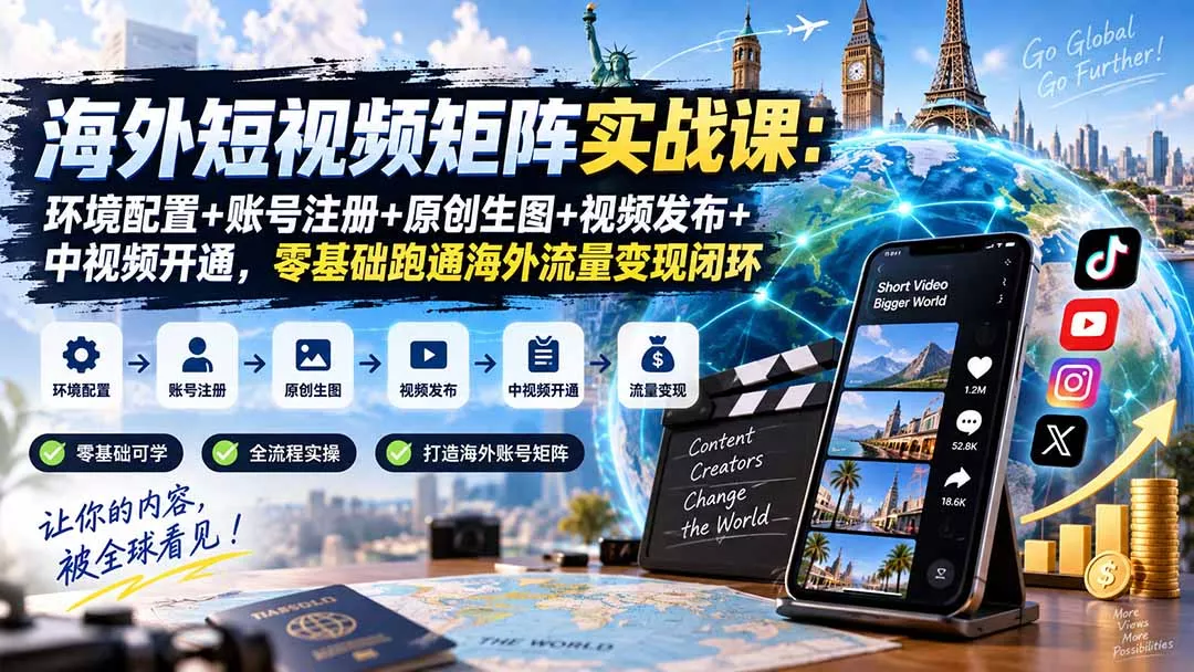 海外短视频矩阵实战课：环境配置+账号注册+原创生图+视频发布+中