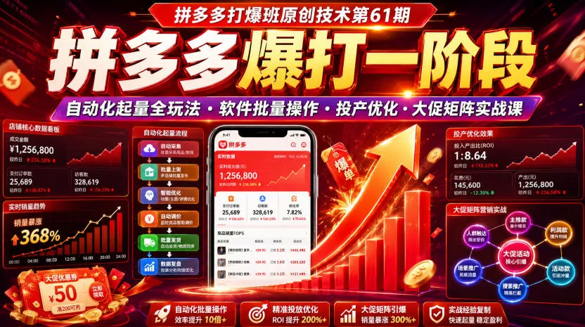 拼多多打爆班原创技术第61期,拼多多爆打一阶段,自动化起量全玩法・软件批量操作・投产优化・大促矩阵实战课主用 -、辅助 +中赚AI网