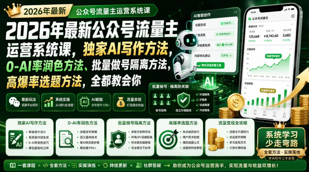 2026年最新公众号流量主运营系统课，独家AI写作方法，0-AI率润色方法、批量做号隔离方法、高爆率选题方法，全都教会你客创社区-专注互联网轻资产资源整合与分享客创社区-专注互联网轻资产资源整合与分享