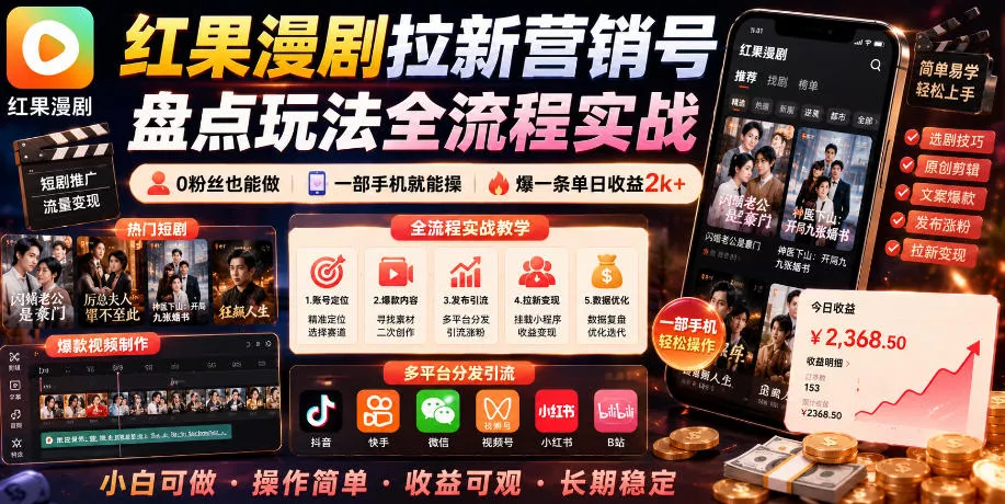 红果漫剧拉新营销号盘点玩法全流程实战，0粉丝也能做，一部手机就能做，爆一条单日收益2k+(更新0922) 《鱼见海科技》-鱼见海资源网-免费PHP网站源码模板,插件软件网创AI智能体资源分享平台！