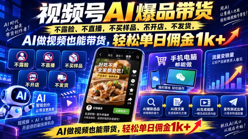 视频号Ai爆品带货，不露脸、不直播、不买样品、不开店、不发货，AI做视频也能带货，轻松单日佣金1k+星享资源网星享资源网
