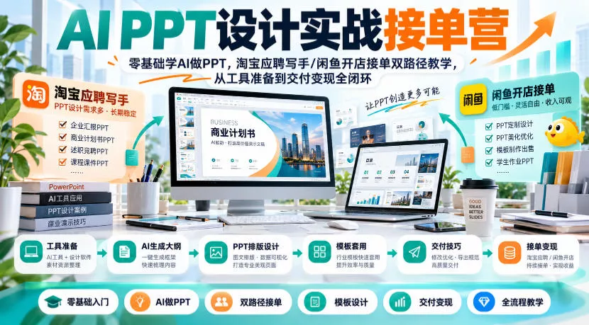 AI PPT设计实战接单营｜零基础学AI做PPT，淘宝应聘写手/闲鱼开店接单双路径教学，从工具准备到交付变现全闭环 《鱼见海科技》-鱼见海资源网-免费PHP网站源码模板,插件软件网创AI智能体资源分享平台！