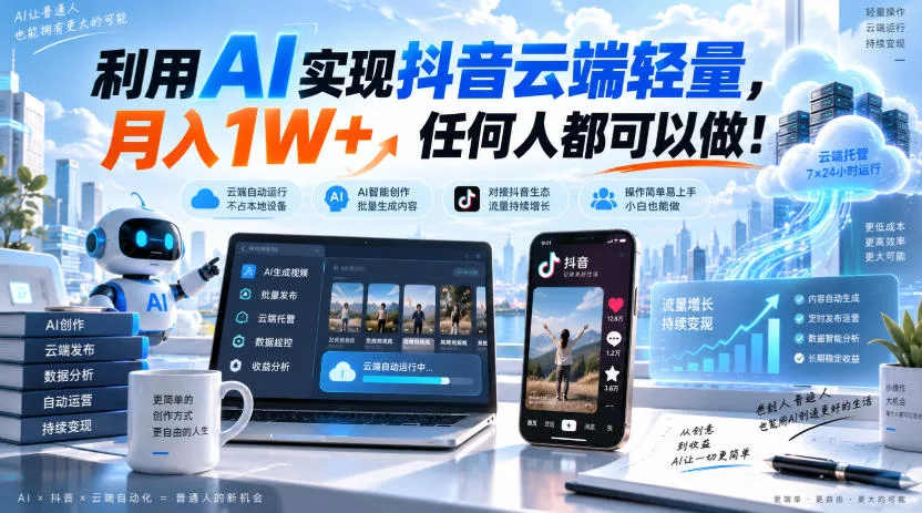 利用AI实现抖音云端轻量，月入1W+，任何人都可以做！【揭秘】-鱼见海资源网-免费PHP网站源码模板,插件软件网创AI智能体资源分享平台！
