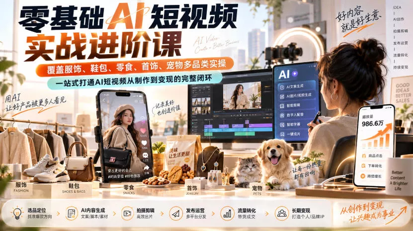 零基础AI短视频实战进阶课，覆盖服饰、鞋包、零食、首饰、宠物多品类实操，一站式打通AI短视频从制作到变现的完整闭环客创社区-专注互联网轻资产资源整合与分享客创社区-专注互联网轻资产资源整合与分享