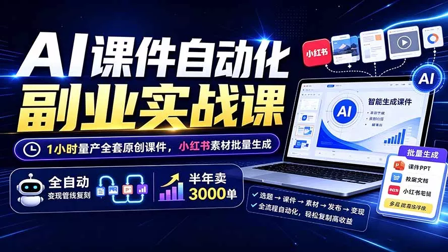 AI课件自动化副业实战课：1小时量产全套原创课件×小红书素材批量生成×全自动变现管线×半年卖3000单主用 -、辅助 +中赚AI网