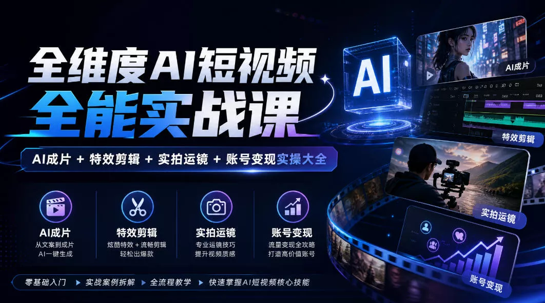 全维度AI短视频全能实战课，AI成片+特效剪辑+实拍运镜+账号变现实操大全星享资源网HS游戏库