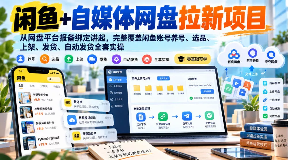 闲鱼+自媒体网盘拉新项目，从网盘平台报备绑定讲起，完整覆盖闲鱼账号养号、选品、上架、发货、自动发货全套实操客创社区-专注互联网轻资产资源整合与分享客创社区-专注互联网轻资产资源整合与分享