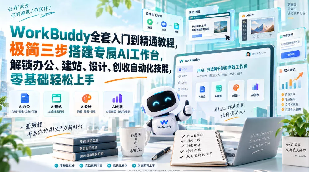 WorkBuddy全套入门到精通教程，极简三步搭建专属AI工作台，解锁办公、建站、设计、创收自动化技能，零基础轻松上手-云析科技