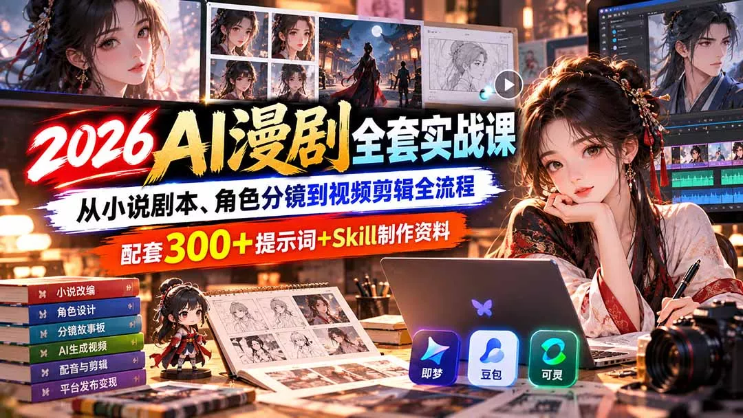 【无水印】2026AI漫剧全套实战课：从小说剧本、角色分镜到视频
